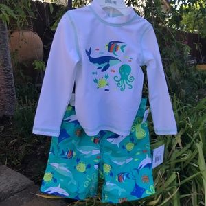 Infant boy two piece sea themed swim trunks and top